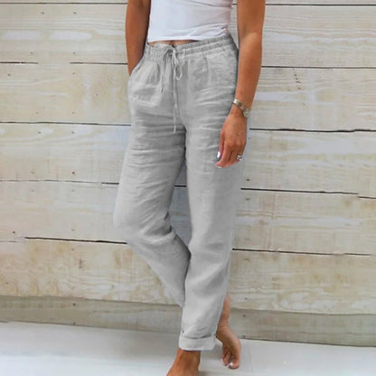 Pantaloni da donna in lino con coulisse, leggeri e comodi, perfetti per l'estate. 2