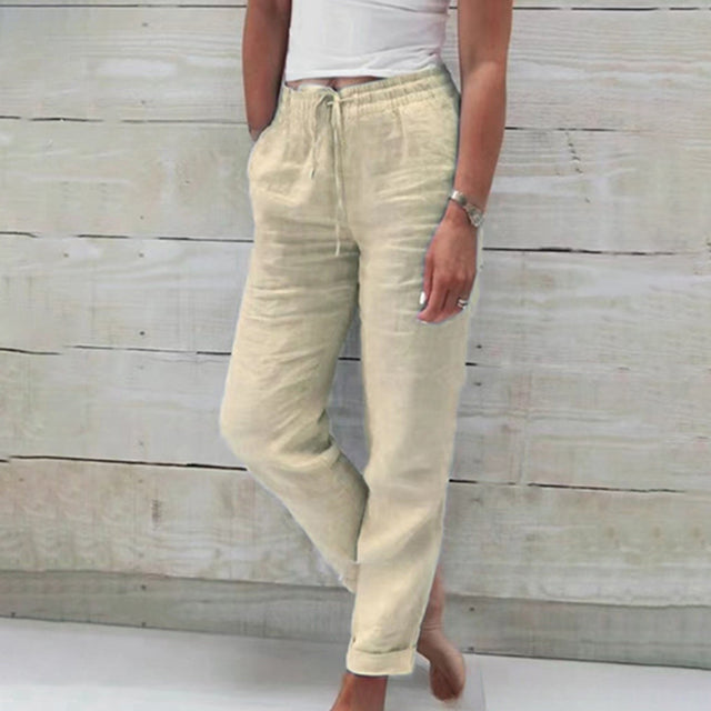 Pantaloni da donna in lino con coulisse, leggeri e comodi, perfetti per l'estate. 3