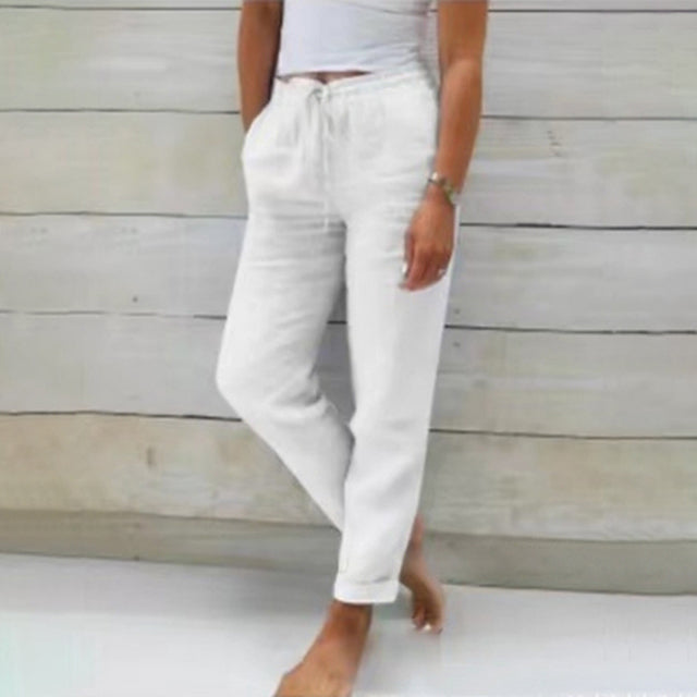 Pantaloni da donna in lino con coulisse, leggeri e comodi, perfetti per l'estate. 4