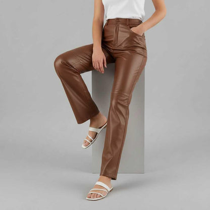 Pantaloni in Pelle a Gamba Larga | Pantaloni Donna Nero
