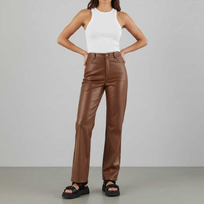 Pantaloni in Pelle a Gamba Larga | Pantaloni Donna Nero