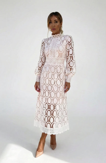 Sofia | Abito da Cerimonia Midi Donna Elegante con Collo Alto e Maniche Lunghe 0