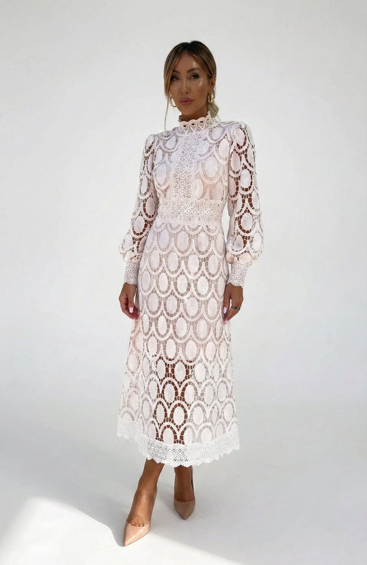 Sofia | Abito da Cerimonia Midi Donna Elegante con Collo Alto e Maniche Lunghe 0