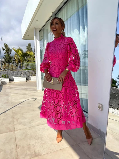 Sofia | Abito da Cerimonia Midi Donna Elegante con Collo Alto e Maniche Lunghe 3