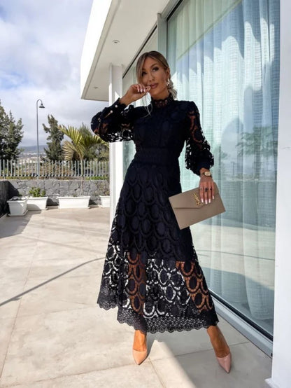 Sofia | Abito da Cerimonia Midi Donna Elegante con Collo Alto e Maniche Lunghe 5