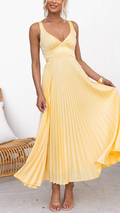 Soleggiato | Abito Midi Elegante Plissettato Giallo per Cerimonia e Occasioni Speciali 0