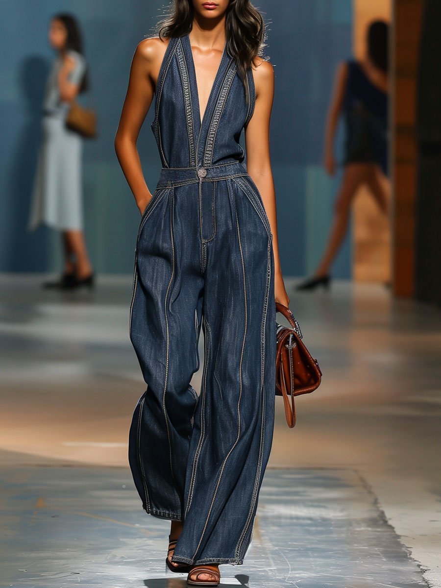 【Spedizione in 24 ore】Tuta intera in denim senza maniche con scollo a V, stile retrò, casual e gamba larga 0