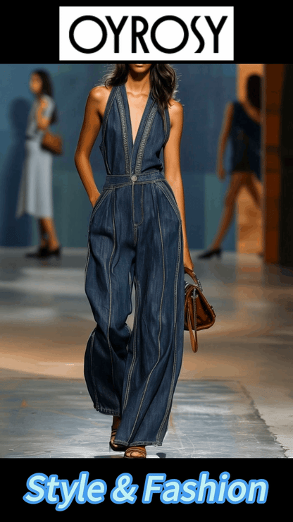 【Spedizione in 24 ore】Tuta intera in denim senza maniche con scollo a V, stile retrò, casual e gamba larga 1
