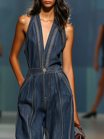【Spedizione in 24 ore】Tuta intera in denim senza maniche con scollo a V, stile retrò, casual e gamba larga 2
