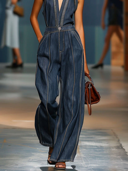 【Spedizione in 24 ore】Tuta intera in denim senza maniche con scollo a V, stile retrò, casual e gamba larga 3