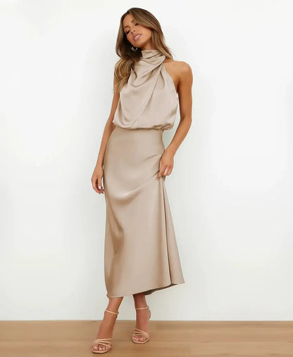 Sydney | Abito midi formale da donna in raso con scollo all'americana 0