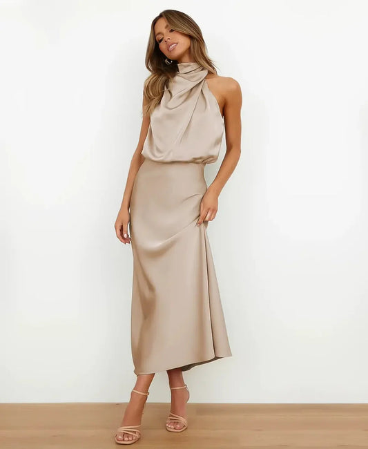 Sydney | Abito midi formale da donna in raso con scollo all'americana 0