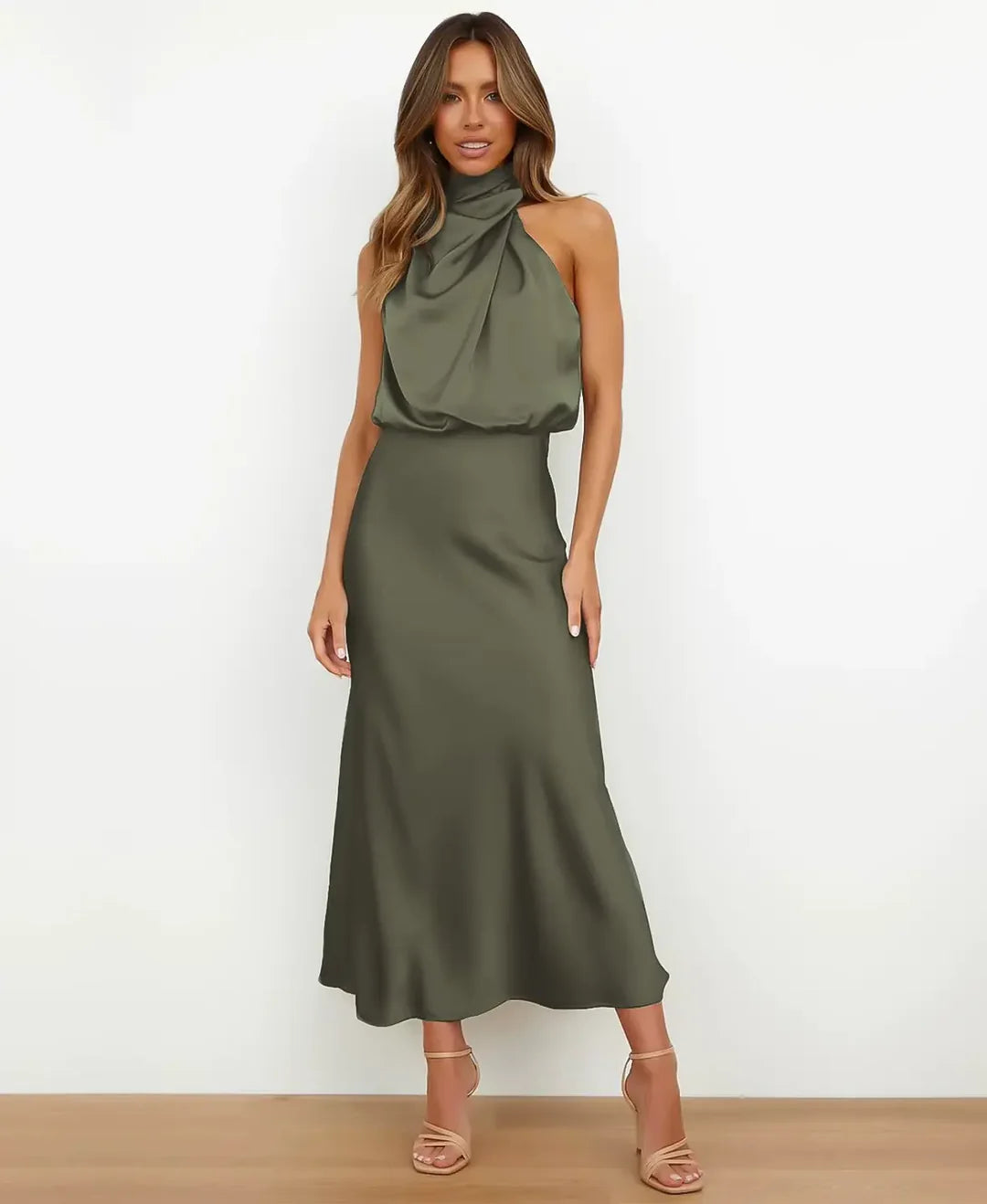 Sydney | Abito midi formale da donna in raso con scollo all'americana 13