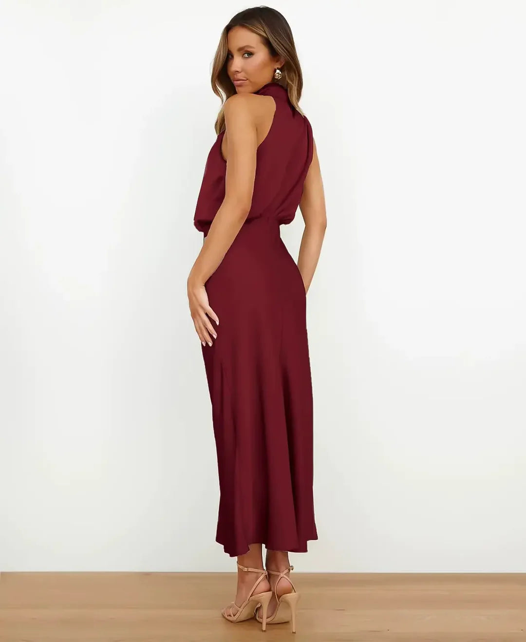 Sydney | Abito midi formale da donna in raso con scollo all'americana 15