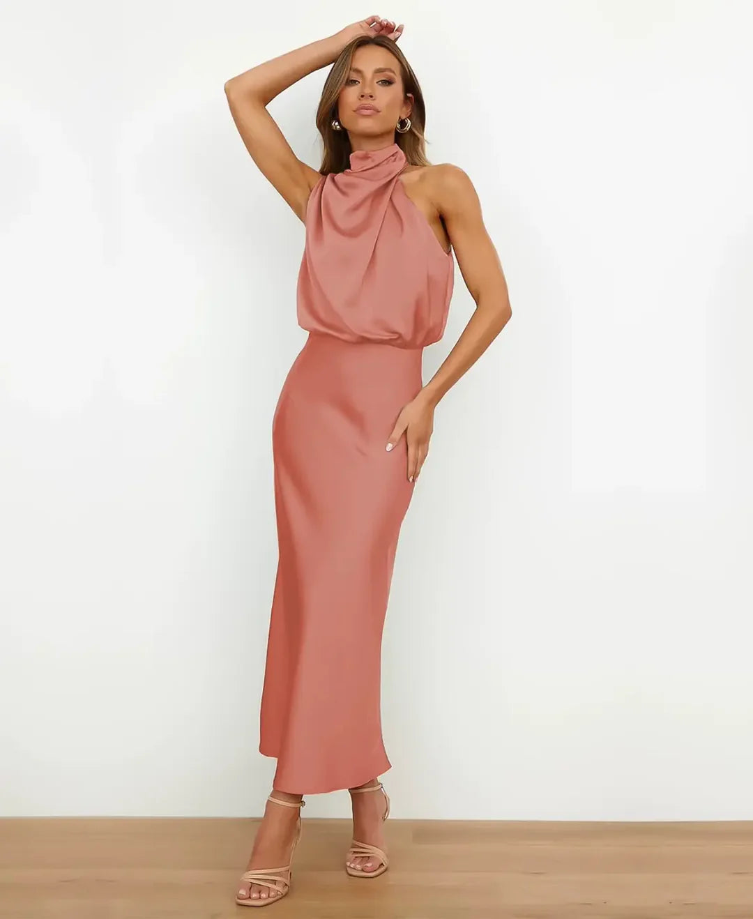 Sydney | Abito midi formale da donna in raso con scollo all'americana 9