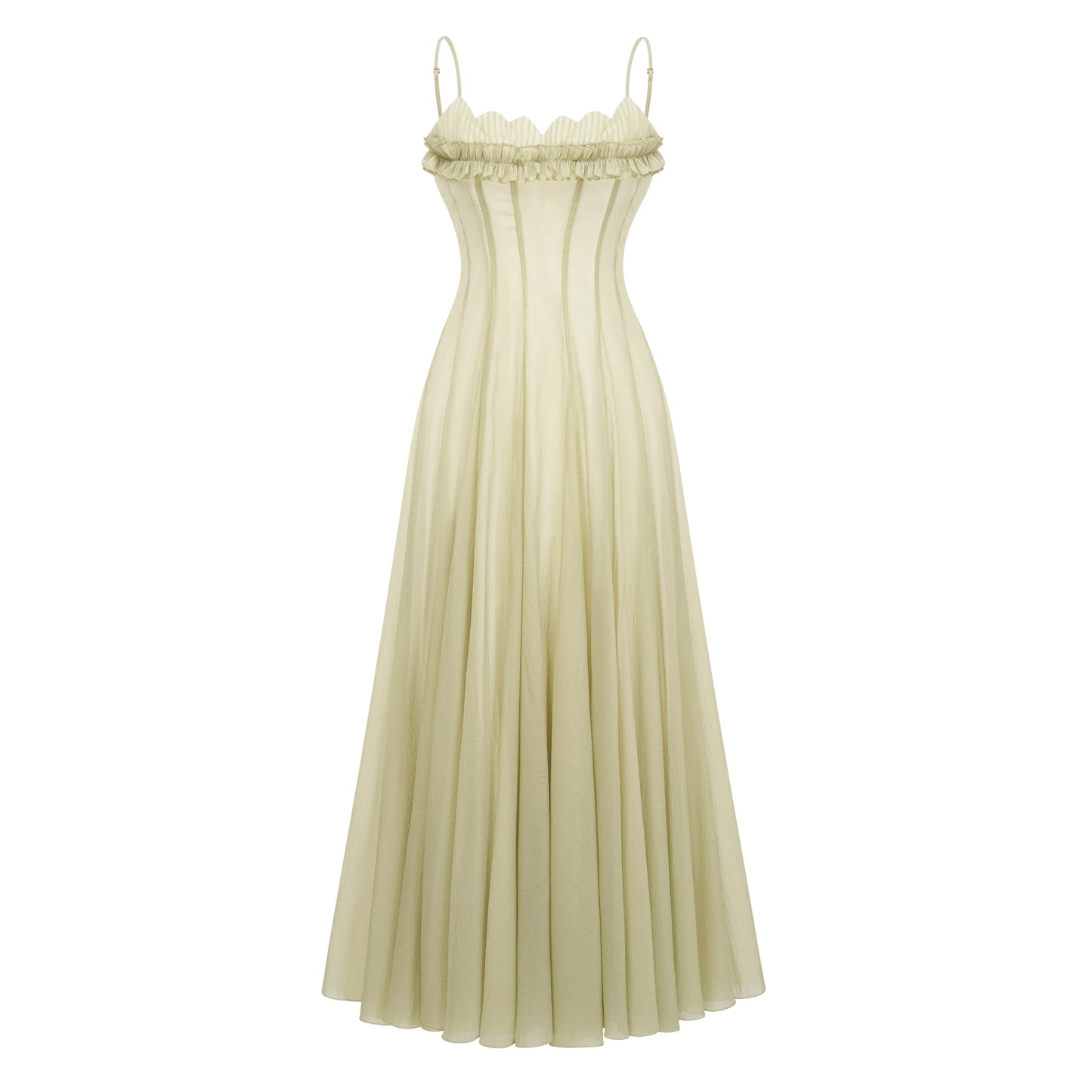 Tiffany | Abito Lungo Cerimonia in Tulle Verde Matcha con Volant 1