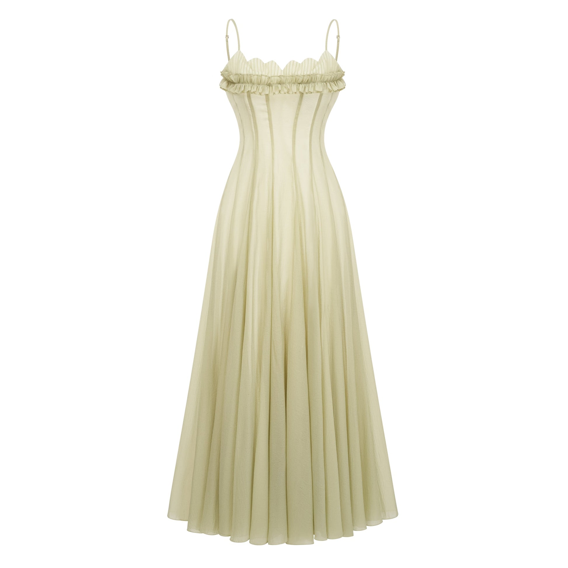 Tiffany | Abito Lungo Cerimonia in Tulle Verde Matcha con Volant 1