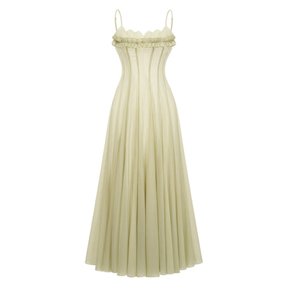 Tiffany | Abito Lungo Cerimonia in Tulle Verde Matcha con Volant 1
