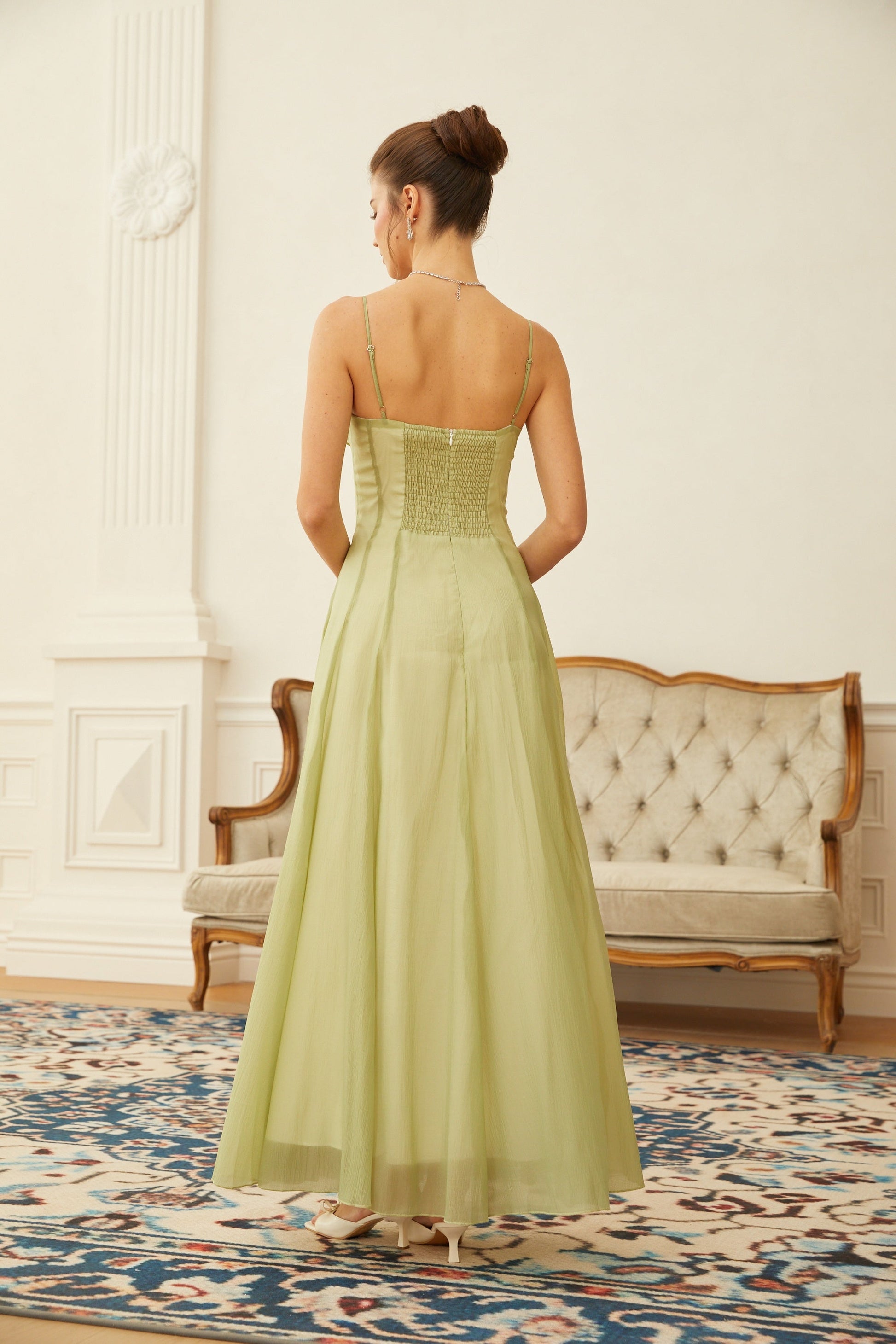 Tiffany | Abito Lungo Cerimonia in Tulle Verde Matcha con Volant 2