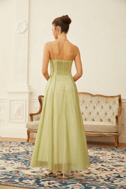 Tiffany | Abito Lungo Cerimonia in Tulle Verde Matcha con Volant 2
