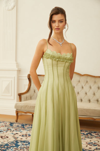 Tiffany | Abito Lungo Cerimonia in Tulle Verde Matcha con Volant 5