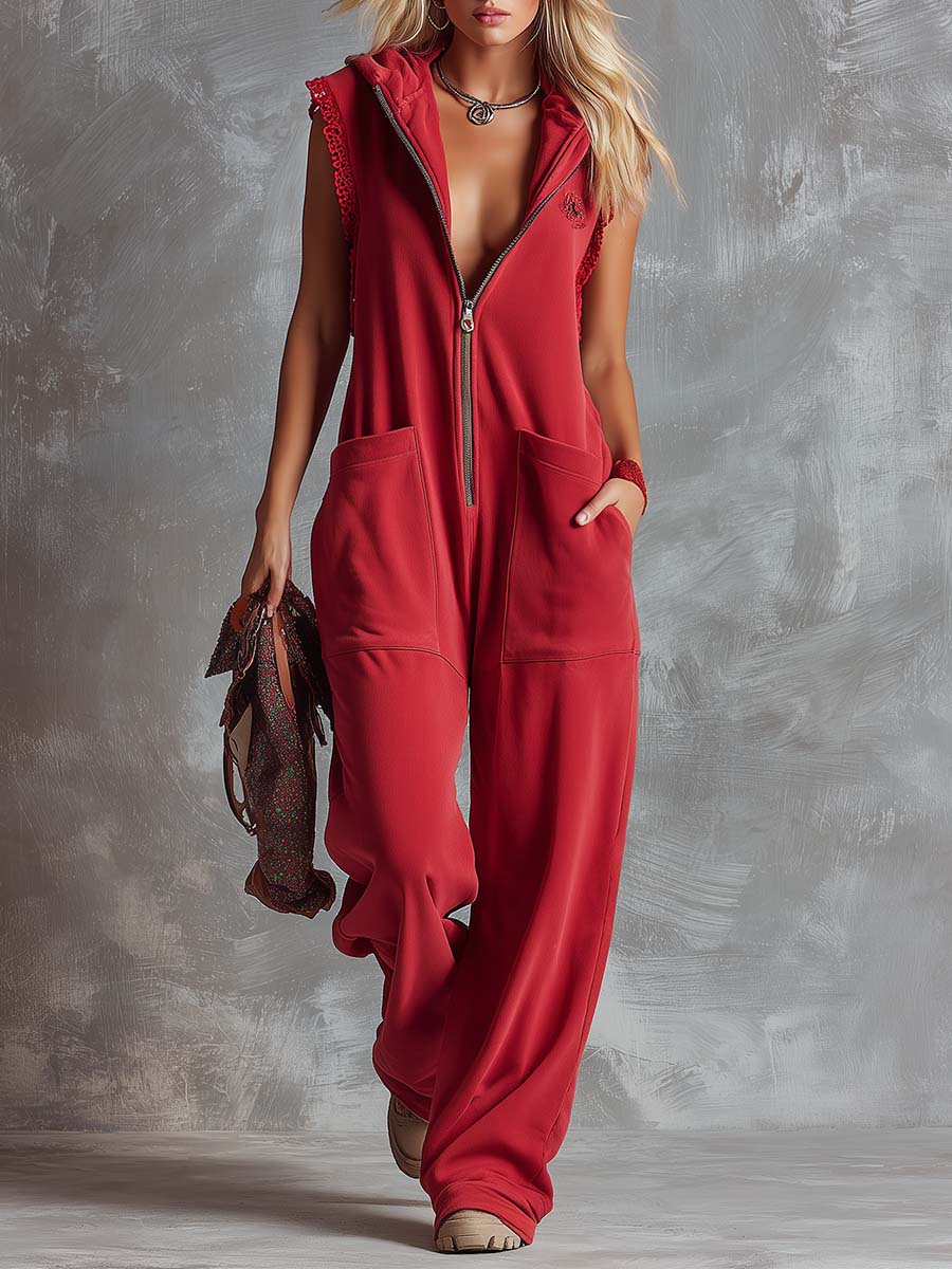 Tuta sportiva Retro Fashiona con cappuccio, scollo a V e cerniera frontale, colore rosso lampone, in cotone. 0