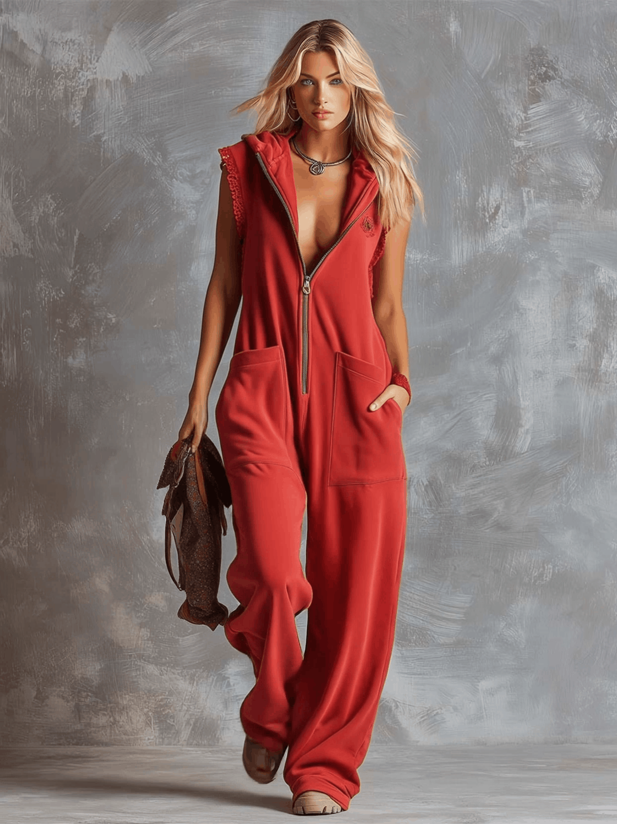 Tuta sportiva Retro Fashiona con cappuccio, scollo a V e cerniera frontale, colore rosso lampone, in cotone. 1