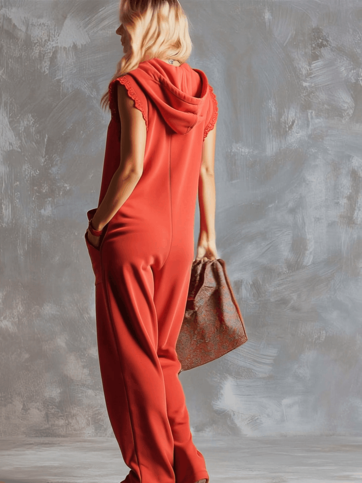 Tuta sportiva Retro Fashiona con cappuccio, scollo a V e cerniera frontale, colore rosso lampone, in cotone. 2