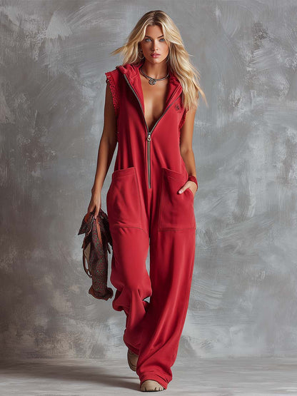 Tuta sportiva Retro Fashiona con cappuccio, scollo a V e cerniera frontale, colore rosso lampone, in cotone. 5