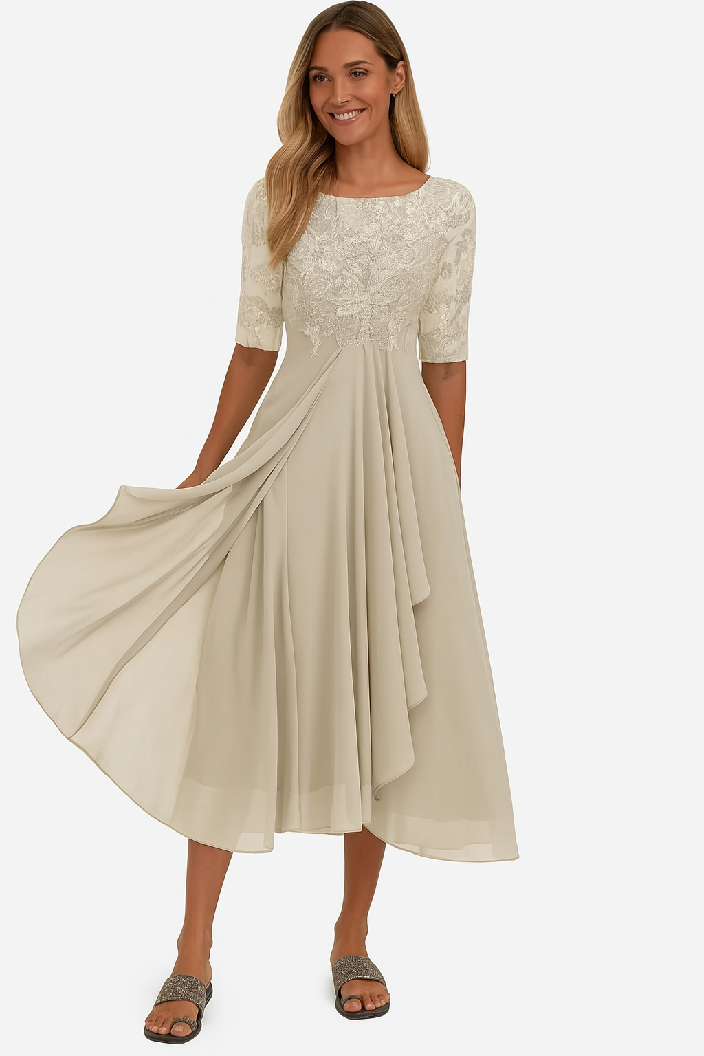 Vela | Abito da Donna Elegante in Pizzo e Chiffon per Cerimonie e Occasioni Speciali 0