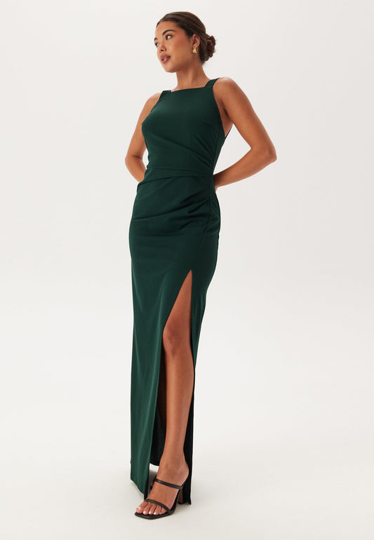 Verde Elegante | Abito Lungo Cerimonia con Scollo Quadrato e Spacco Alto 0