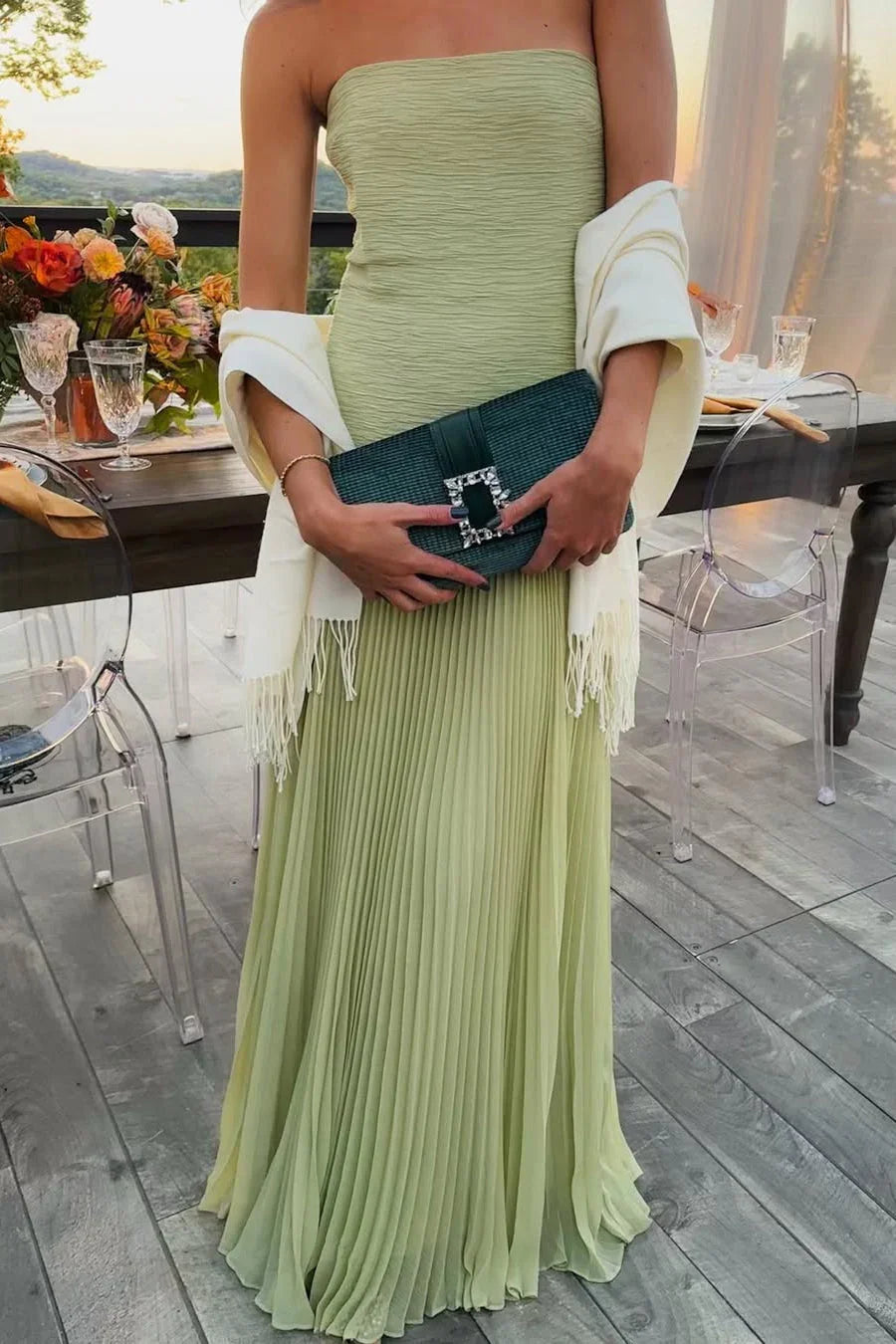 Verde Elegante | Abito Lungo Plissettato da Donna per Cerimonia 0