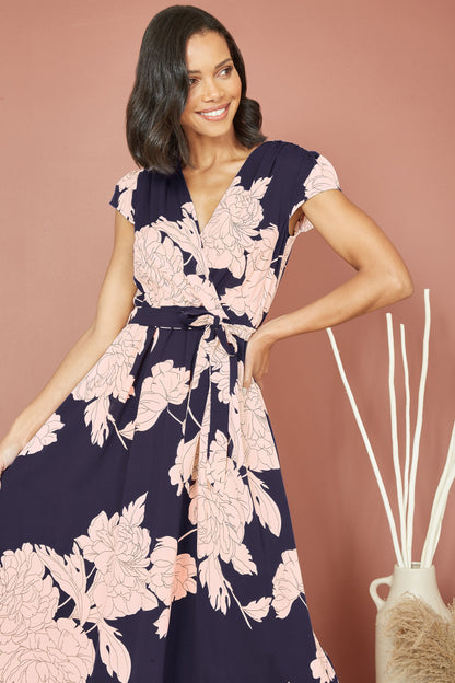 Yumi Navy Blossom | Abito Midi Elegante con Orlo Asimmetrico e Stampa Floreale 0