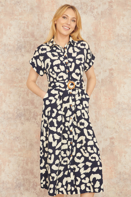 Yumi | Abito Midi Elegante con Stampa Animalier Blu Scuro 0